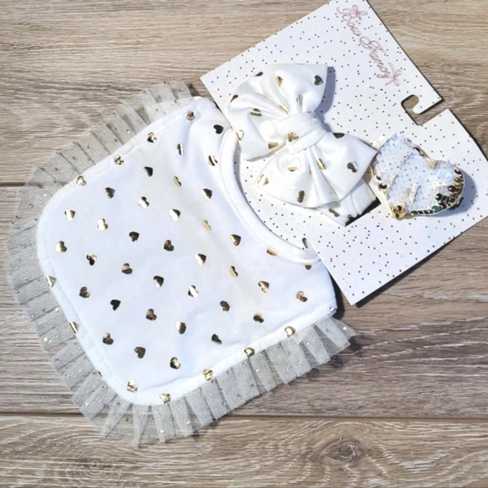 White And Gold Heart Baby Bib and Bow Set